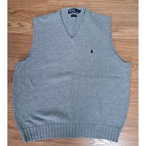 L Vintage Mens Polo Ralph Lauren Gray Cotton V Neck Sweater Vest Preppy